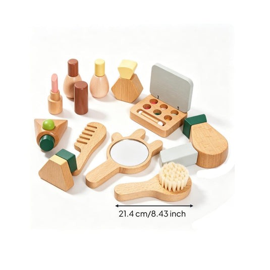 Trusa de Machiaj pentru Fetite din Lemn natural Petit Kitty, Include Farduri, 2 Lacuri de Unghii, Pensule, Perie, Oglinda, Ruj, Vopsea pe baza de Apa, Saculet de Bumbac pentru transport, Jucarie de rol, Indiggo®, 3ani+, Woody