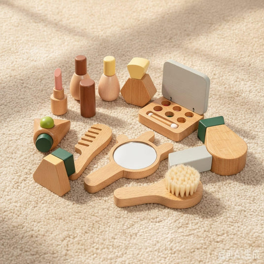 Trusa de Machiaj pentru Fetite din Lemn natural Petit Kitty, Include Farduri, 2 Lacuri de Unghii, Pensule, Perie, Oglinda, Ruj, Vopsea pe baza de Apa, Saculet de Bumbac pentru transport, Jucarie de rol, Indiggo®, 3ani+, Woody