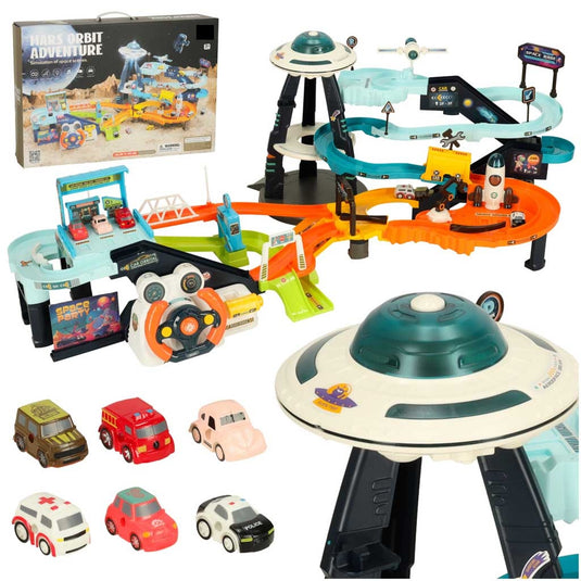 Set de Joaca Pista si Parcare cu 6 Masini, MARS ADVENTURE Indiggo® Volan Functional cu Lumini si Sunete, 2 Moduri Actionare Electric/Manual, Garaj, Benzinarie, Butoane Control, Bariera, Elemente Mobile, Supraetajat cu lumin, Portocaliu