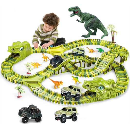 Set Pista de Curse Masini DinoTrack™ 240 Sine de Tren Flexibile, 7 Dinozauri, 1 Masina, Palmieri, 2 Capete Dinozauri, STEM, Off-Road, Green