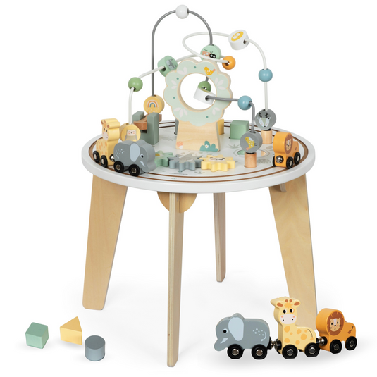 Masuta Educationala MONTESSORI din Lemn Natural MasterKid™ cu Trenulet Magnetic in Forme de Animalute, Traseu de Margele, Suprafata cu Oglinda, Activitati Senzoriale