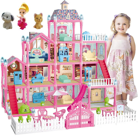 Casuta de Papusi cu Lumini LED SmartViBE™ si 285 PIESE, 4 Etaje, 12 Camere, Mobilier si Accesorii Detasabile, Figurine, Culori Atractive, 66 Cm Inaltime, Pink