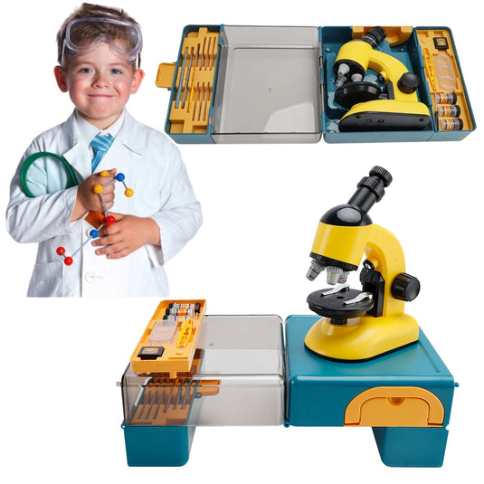 Set Microscop pentru Copii Multifunctional si Educativ MiniLaborator SmartViBE™ Jucarie STEM, LED, Marire 640X, Cap Rotativ 360°, Accesorii Complete, Suport Telefon, Trusa Pliabila si Portabila, Yellow