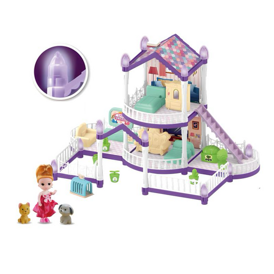 Casuta pentru Papusi cu Lumini KinderVibe™ Set de Joaca DIY cu 113 PIESE, Mini Papusa, Pisicuta si Catelus, Doua Dormitoare, Terasa, Curte, Scara, Accesorii Mobilier Detasabile, Purple