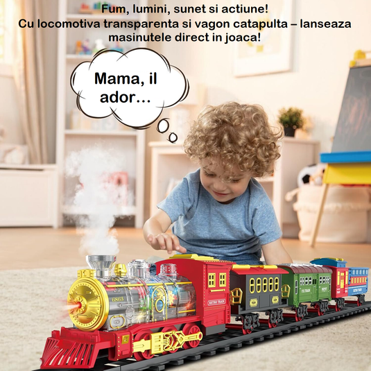 Trenulet Electric cu Aburi RetroSteamTrain pentru Copii, Include Tren Electric cu Efecte Sonore, Lumini, Fum Real, 3 Vagoane, 12 Sine, 4 Masinute, Model Retro, Indiggo@, Multicolor, +3 Ani