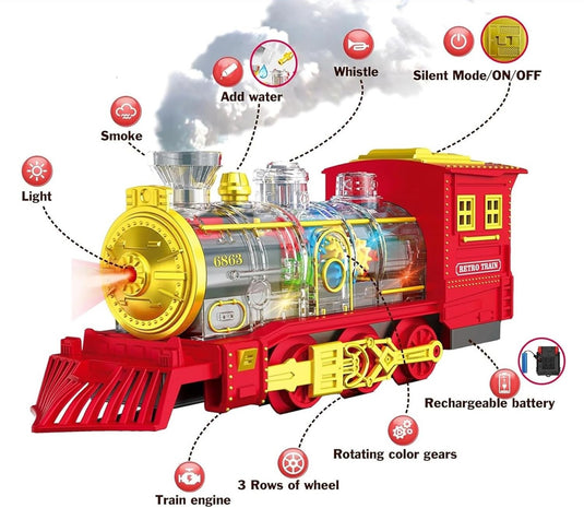 Trenulet Electric cu Aburi RetroSteamTrain pentru Copii, Include Tren Electric cu Efecte Sonore, Lumini, Fum Real, 3 Vagoane, 12 Sine, 4 Masinute, Model Retro, Indiggo@, Multicolor, +3 Ani