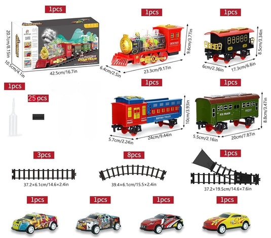 Trenulet Electric cu Aburi RetroSteamTrain pentru Copii, Include Tren Electric cu Efecte Sonore, Lumini, Fum Real, 3 Vagoane, 12 Sine, 4 Masinute, Model Retro, Indiggo@, Multicolor, +3 Ani