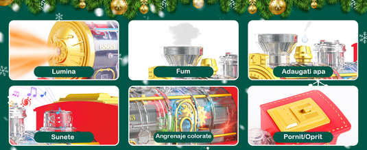 Trenulet Electric cu Aburi RetroSteamTrain pentru Copii, Include Tren Electric cu Efecte Sonore, Lumini, Fum Real, 3 Vagoane, 12 Sine, 4 Masinute, Model Retro, Indiggo@, Multicolor, +3 Ani
