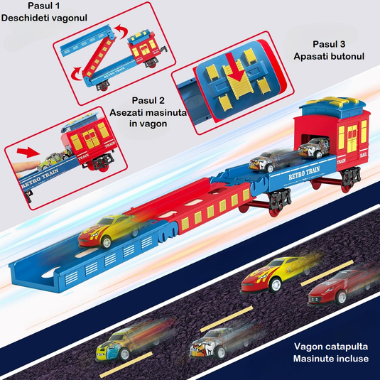 Trenulet Electric cu Aburi RetroSteamTrain pentru Copii, Include Tren Electric cu Efecte Sonore, Lumini, Fum Real, 3 Vagoane, 12 Sine, 4 Masinute, Model Retro, Indiggo@, Multicolor, +3 Ani
