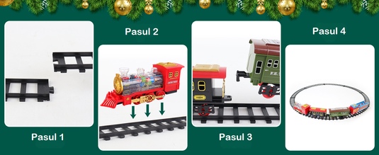 Trenulet Electric cu Aburi RetroSteamTrain pentru Copii, Include Tren Electric cu Efecte Sonore, Lumini, Fum Real, 3 Vagoane, 12 Sine, 4 Masinute, Model Retro, Indiggo@, Multicolor, +3 Ani