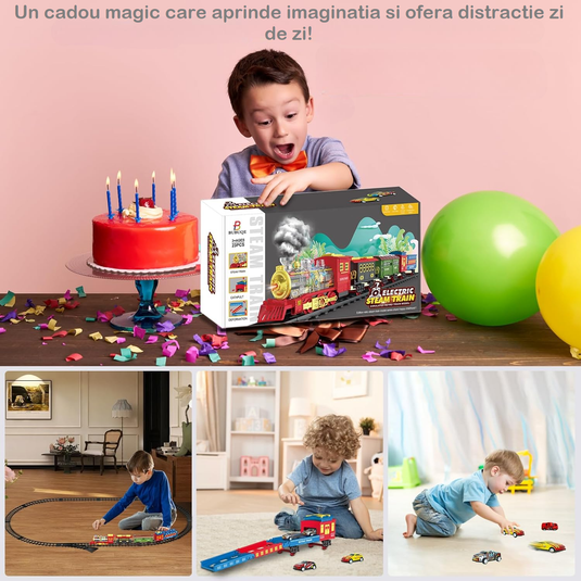 Trenulet Electric cu Aburi RetroSteamTrain pentru Copii, Include Tren Electric cu Efecte Sonore, Lumini, Fum Real, 3 Vagoane, 12 Sine, 4 Masinute, Model Retro, Indiggo@, Multicolor, +3 Ani