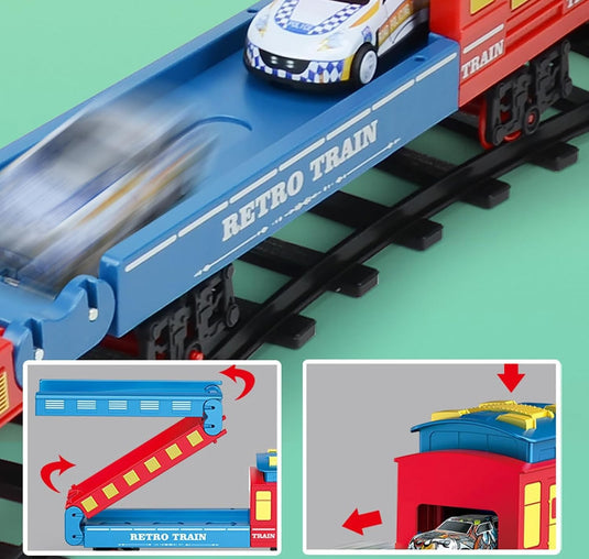 Trenulet Electric cu Aburi RetroSteamTrain pentru Copii, Include Tren Electric cu Efecte Sonore, Lumini, Fum Real, 3 Vagoane, 12 Sine, 4 Masinute, Model Retro, Indiggo@, Multicolor, +3 Ani