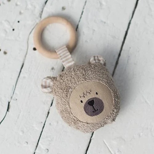 Jucarie Dentitie cu Inel din Lemn CotandCot - Brown Bear - Bumbac organic si Lemn natural, Handmade, 0 - 12 luni
