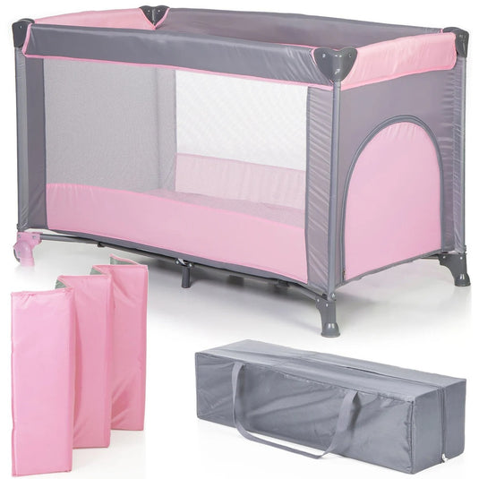 Patut de Voiaj si Tarc de Joaca 2in1 Multifunctional KiddoTrip™ Pliabil si Portabil, Intrare Laterala cu Fermoar, Plasa Transparenta pentru Monitorizare, Saltea Pliabila, Usor de Instalat, Doua Roti cu Frana, Organizator, Geanta Transport, Compact, Pink