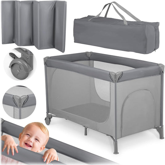 Patut de Voiaj si Tarc de Joaca 2in1 Multifunctional KiddoTrip™ Pliabil si Portabil, Intrare Laterala cu Fermoar, Plasa Transparenta pentru Monitorizare, Saltea Pliabila, Usor de Instalat, Doua Roti cu Frana, Organizator, Geanta Transport, Compact, Grey