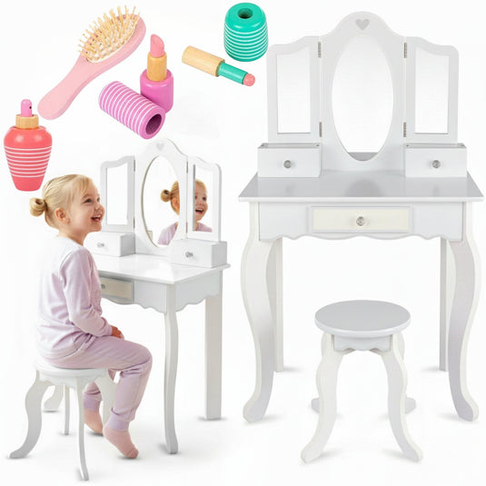 Masuta de Machiaj pentru Fetite ChicMagique, din Lemn Ecologic, 3 Oglinzi, 3 Rafturi, Scaunel, Sertare Incapatoare, Accesorii Colorate, Structura Solida si Stabila,, 105CM Inaltime, Alb Natural