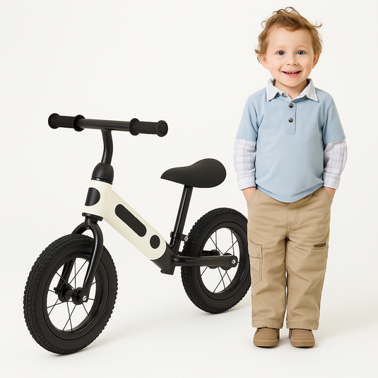 Bicicleta de Echilibru pentru Copii RideOn Explorer – Cadru din Metal, Usor, Sa Ergonomica, Mansoane Antiderapante, Roti de 30 cm, Indiggo@, Ideala pentru Dezvoltarea Echilibrului si Coordonarii Copiilor, Black/White, 3 ani+