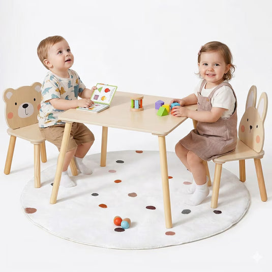 Set Mobilier Multifunctional Masuta cu Doua Scaune ForestAnimals din Lemn pentru Copii, Scaune Adorabile Model Bear&Bunny, Design Scandinav, Picioare Solide din Lemn de Pin, Blat MDF Rezistent la Zgarieturi, Calitate Premium, Indiggo@, Woody