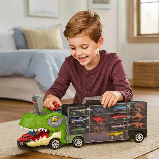 Set Interactiv de Masinute DinoFunTruck, Camion Transportator cu 8 Masinute, 6 Figurine de Dinozauri, Sunete si Lumini, Tobogan pentru Masinute, Panou Transparent, Indiggo@, Verde, + 3Ani