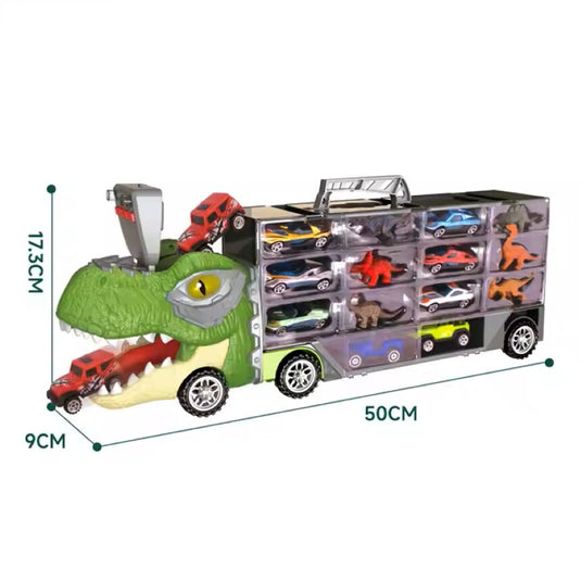 Set Interactiv de Masinute DinoFunTruck, Camion Transportator cu 8 Masinute, 6 Figurine de Dinozauri, Sunete si Lumini, Tobogan pentru Masinute, Panou Transparent, Indiggo@, Verde, + 3Ani