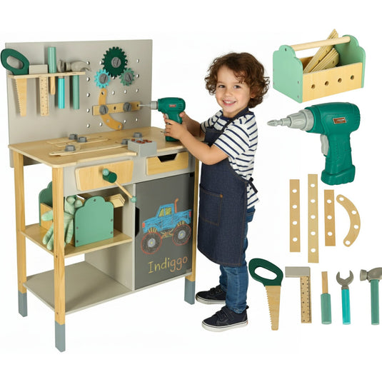 Banc de Lucru Multifunctional din Lemn pentru Copii LittleWorkshop cu Unelte Realiste, Bormasina Electrica, Ciocan, Surubelnita, Fierastrau, Chei Fixe, Piulite, Cutie de Scule, Manusi de Protectie, Tabla de desen, Indiggo@, Verde/Gri