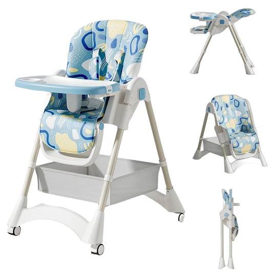 Scaun de Masa Pliabil pentru Bebelusi si Copii KinderVIBE®, 6 Luni +, 4 Pozitii inclinare Spatar, Centura de Siguranta 5 Puncte, Ajustabil pe Inaltime, Tavita Reglabila, Detasabila, Loc depozitare, Picioare Antiderapante, Roti blocabile, Multiple Blue Fad
