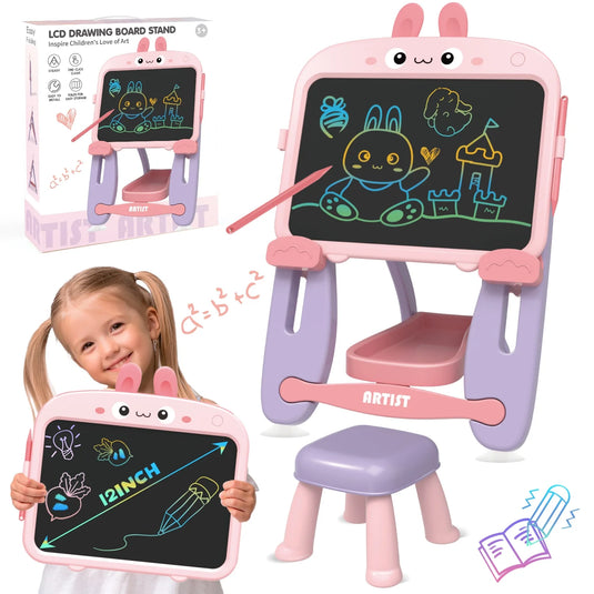 Set Sevalet cu Tabla de Desenat si Scaun pentru Copii PinkBunny, Ecran LCD, Dust-Free, Model Iepuras Roz Dragut, Inaltime Reglabila pe Doua Pozitii, Indiggo@, +3 Ani