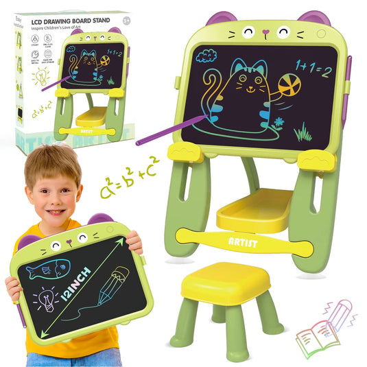 Set Sevalet cu Tabla de Desenat si Scaun pentru Copii LovelyKitty, Ecran LCD, Dust-Free, Model Pisicuta Dragalasa, Inaltime Reglabila pe Doua Pozitii, Multicolor, Indiggo@, +3 Ani