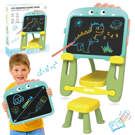 Set Sevalet cu Tabla de Desenat si Scaun pentru Copii CuteDino, Ecran LCD, Dust-Free, Model Dinozaur, Inaltime Reglabila pe Doua Pozitii, Verde/Galben, Indiggo@, +3 Ani