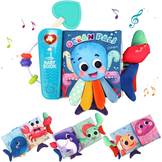 Carte Muzicala Interactiva pentru Bebelusi - Little OceanPals – Pagini Viu Colorate, Cozi 3D, Dispozitiv Muzical, Jucarie de Dentitie, Oglinda, Inel de Prindere, Stimulteaza Dezvoltarea Auditiva si Senzoriala a Copilului, Multicolora