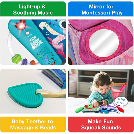 Carte Muzicala Interactiva pentru Bebelusi - Little OceanPals – Pagini Viu Colorate, Cozi 3D, Dispozitiv Muzical, Jucarie de Dentitie, Oglinda, Inel de Prindere, Stimulteaza Dezvoltarea Auditiva si Senzoriala a Copilului, Multicolora