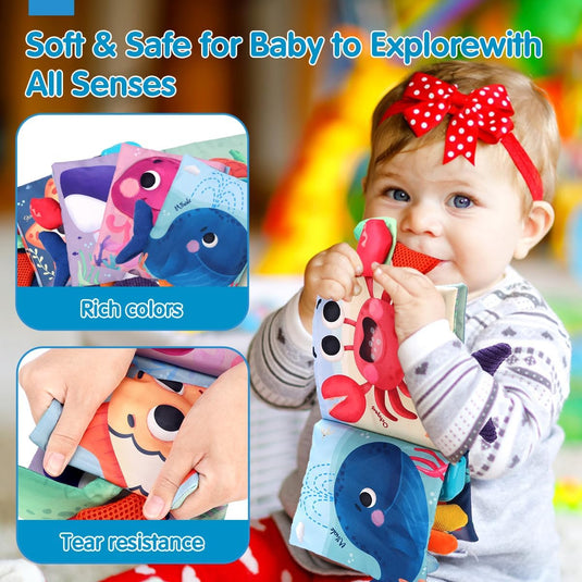 Carte Muzicala Interactiva pentru Bebelusi - Little OceanPals – Pagini Viu Colorate, Cozi 3D, Dispozitiv Muzical, Jucarie de Dentitie, Oglinda, Inel de Prindere, Stimulteaza Dezvoltarea Auditiva si Senzoriala a Copilului, Multicolora