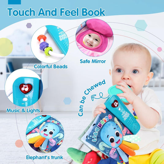 Carte Muzicala Interactiva pentru Bebelusi - Little OceanPals – Pagini Viu Colorate, Cozi 3D, Dispozitiv Muzical, Jucarie de Dentitie, Oglinda, Inel de Prindere, Stimulteaza Dezvoltarea Auditiva si Senzoriala a Copilului, Multicolora