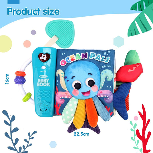 Carte Muzicala Interactiva pentru Bebelusi - Little OceanPals – Pagini Viu Colorate, Cozi 3D, Dispozitiv Muzical, Jucarie de Dentitie, Oglinda, Inel de Prindere, Stimulteaza Dezvoltarea Auditiva si Senzoriala a Copilului, Multicolora