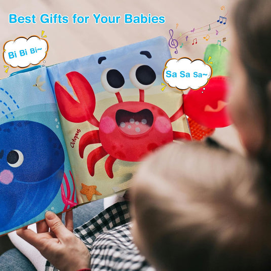 Carte Muzicala Interactiva pentru Bebelusi - Little OceanPals – Pagini Viu Colorate, Cozi 3D, Dispozitiv Muzical, Jucarie de Dentitie, Oglinda, Inel de Prindere, Stimulteaza Dezvoltarea Auditiva si Senzoriala a Copilului, Multicolora