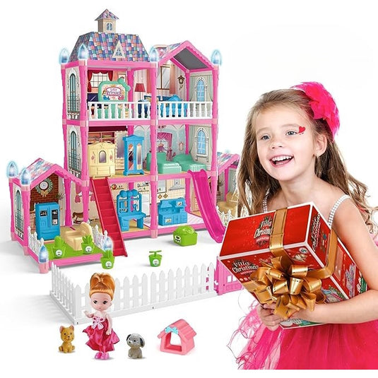 Casuta de Papusi Magic DreamHouse SmartViBE™, Set de joaca DIY cu 215 PIESE, 3 Etaje, 8 Camere, 2 Balcoane, Complet Mobilat, Accesorii Variate, Papusa cu 2 Animalute Pisicuta si Catel, Lumina Fluorescenta, 61 Cm Inaltime, Pink/Blue, +3 Ani