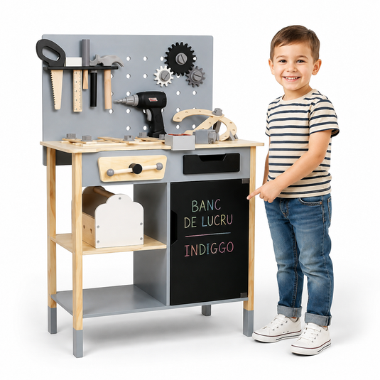 Banc de Lucru Multifunctional din Lemn pentru Copii WoodenWorkshop cu Ciocan, Fierastrau, Cheie, Surubelnita, Rigla, Bormasina Electrica, Diverse Rotite si Suruburi, Cutie de Scule, Tabla de desen, Indiggo@, Gri/Negru