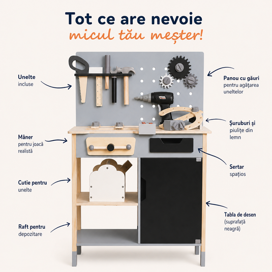 Banc de Lucru Multifunctional din Lemn pentru Copii WoodenWorkshop cu Ciocan, Fierastrau, Cheie, Surubelnita, Rigla, Bormasina Electrica, Diverse Rotite si Suruburi, Cutie de Scule, Tabla de desen, Indiggo@, Gri/Negru