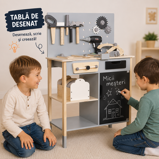 Banc de Lucru Multifunctional din Lemn pentru Copii WoodenWorkshop cu Ciocan, Fierastrau, Cheie, Surubelnita, Rigla, Bormasina Electrica, Diverse Rotite si Suruburi, Cutie de Scule, Tabla de desen, Indiggo@, Gri/Negru