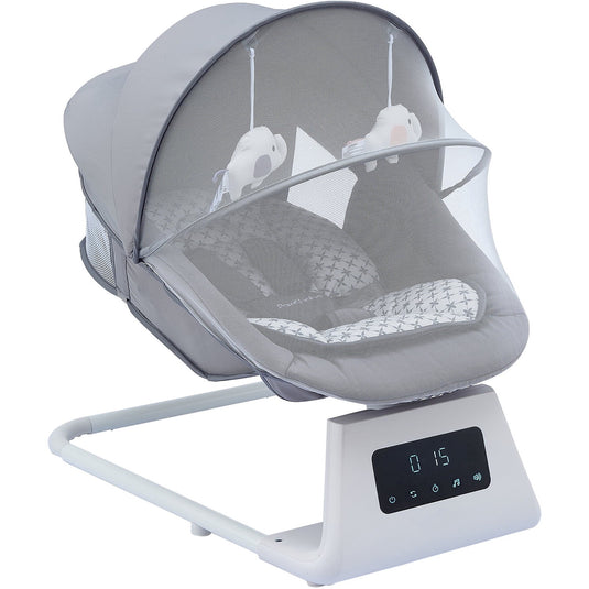 Leagan si Balansoar Electric 3D Motion BabyHug™ cu Telecomanda si Functie Bluetooth, Panou Digital Easy Touch, 5 Moduri/5 Viteze, Spatar Reglabil, Perna Moale, Baldachin Detasabil, Melodii, Jucarii, Cronometru 8/15/30 min, Centura de Siguranta, Grey