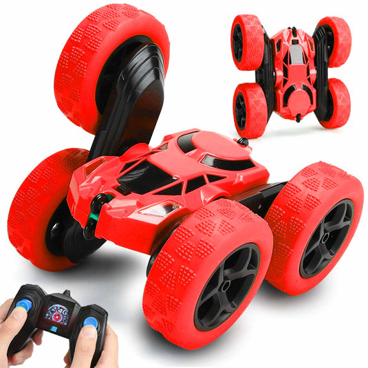 Masinuta cu Telecomanda StuntRaceCar, Vehicul Off-Road cu Tractiune 4x4, Iluminare LED Functie de Rotire 360 de Grade, Telecomanda cu Raza de Actiune 40 m si Tehnologie de Control 2.4 GHz, Baterie Reincarcabila, Cablu USB, Indiggo@, Red, 5+