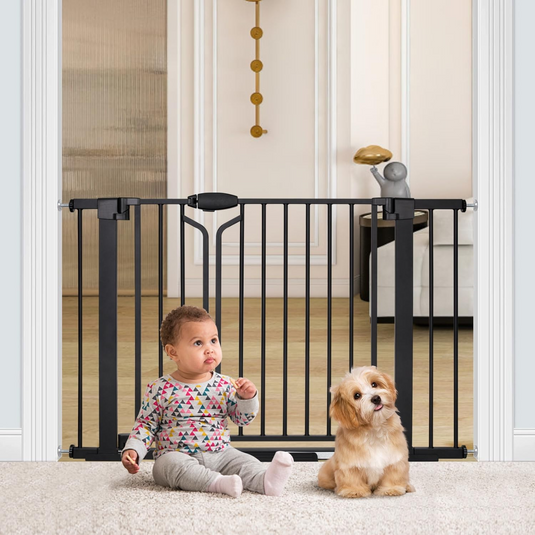Poarta de Siguranta All-In-One BabyBlock®08 Doua Usi, 95-102 + 7 Cm Extensie, Multi-Utilizare Copii/Animale, Sistem Dublu de Blocare, Inchidere Automata, Instalare fara Gauri/Montaj sub Presiune, Deschidere in Doua Directii, Potrivire Universala, Black