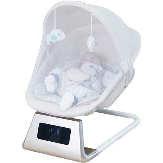 Leagan si Balansoar Electric 3D Motion BabyHug™ cu Telecomanda si Functie Bluetooth, Panou Digital Easy Touch, 5 Moduri/5 Viteze, Spatar Reglabil, Perna Moale, Baldachin Detasabil, Melodii, Jucarii, Cronometru 8/15/30 min, Centura de Siguranta, Beige