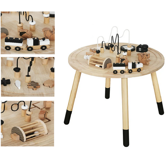 Masuta Educationala Montessori 6 in 1 din Lemn AdventureTable, Include Trenulet Magnetic, Labirint de Margele, Sortator de Forme, Oglinda, Labirint cu Veverita si Ghinda Glisanta, Roata cu Bile, Model Autumn Forest, Black/White, +1 An
