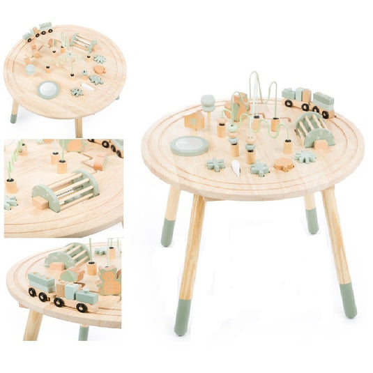 Masuta Educationala Montessori 6 in 1 din Lemn AdventureTable, Include Trenulet Magnetic, Labirint de Margele, Sortator de Forme, Oglinda, Labirint cu Veverita si Ghinda Glisanta, Roata cu Bile, Model Autumn Forest, Woody/Green, +1 An