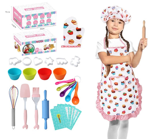 Set de Bucatar MagicBaking Kit, 31 de Piese, Include Sort, Boneta, Manusa de Cuptor, Sucitor, Spatula, Pensula de Patiserie, Tel, Linguri de Masurat, Forme pentru Prajituri, Cupe de Silicon pentru Copt, Carticica cu Retete, Indiggo@, Model Briose, +3 Ani