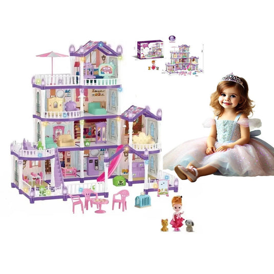 Casuta de Papusi PrincessVilla SmartViBE™, Set de Joaca DIY cu 280 PIESE, 4 Etaje, 10 Camere, Mobilier si Accesorii, Papusica si 2 Animalute Catel si Pisica, Lumina Flourescenta, Culori Atractive, 66 Cm Inaltime, Purple, +3 Ani