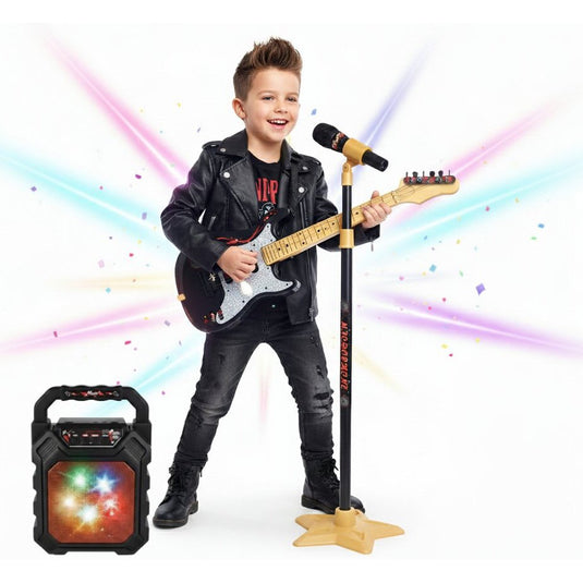 Set Chitara si Microfon cu Stativ pentru Copii – RocKid - Include Chitara, Microfon cu Stativ Reglabil, Boxa Multifunctionala cu Iluminare LED, Cablu USB, Indiggo@, Black/Yellow, +3 Ani