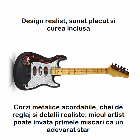 Set Chitara si Microfon cu Stativ pentru Copii – RocKid - Include Chitara, Microfon cu Stativ Reglabil, Boxa Multifunctionala cu Iluminare LED, Cablu USB, Indiggo@, Black/Yellow, +3 Ani