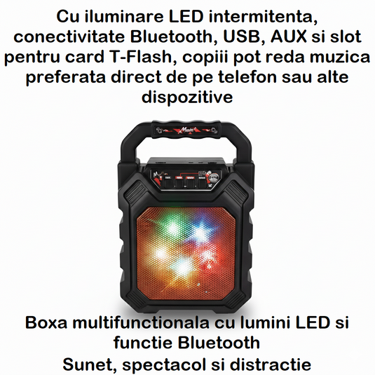 Set Chitara si Microfon cu Stativ pentru Copii – RocKid - Include Chitara, Microfon cu Stativ Reglabil, Boxa Multifunctionala cu Iluminare LED, Cablu USB, Indiggo@, Black/Yellow, +3 Ani